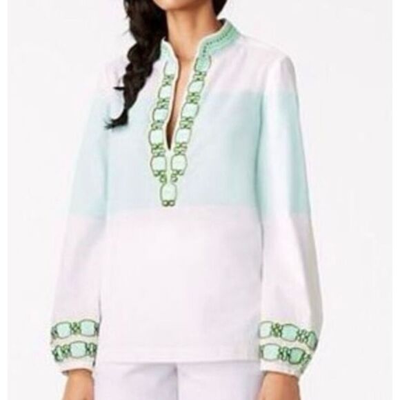 Tory Burch Tops - Tory Burch white green ombre embroidered tunic blouse 0
